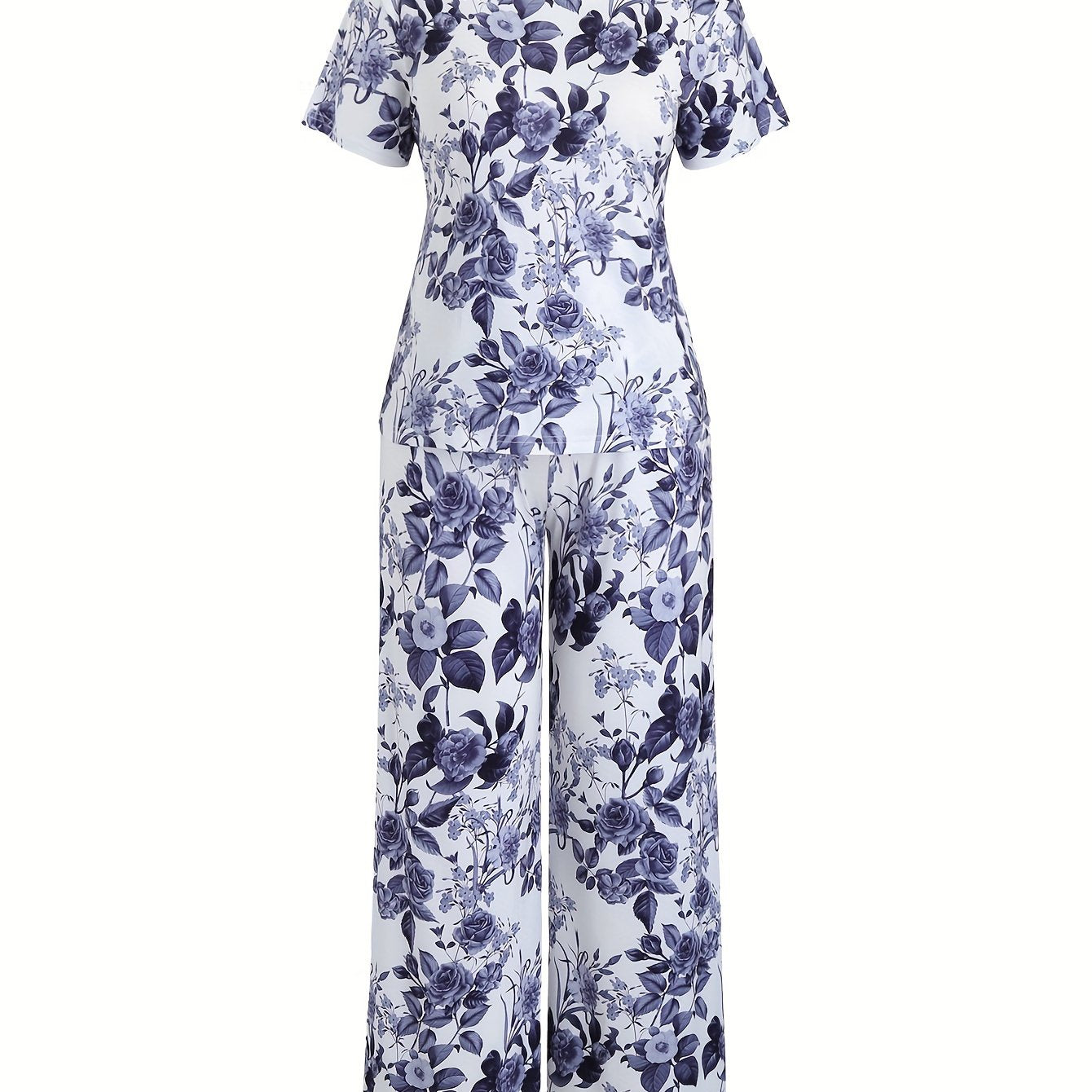  Floral Print Pajamas Set Short Sleeve Tee & Pants