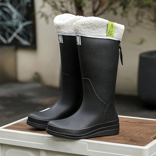 Women's Platform Fleece Liner Rain Boots Slip on Round Toe Waterproof High Boots