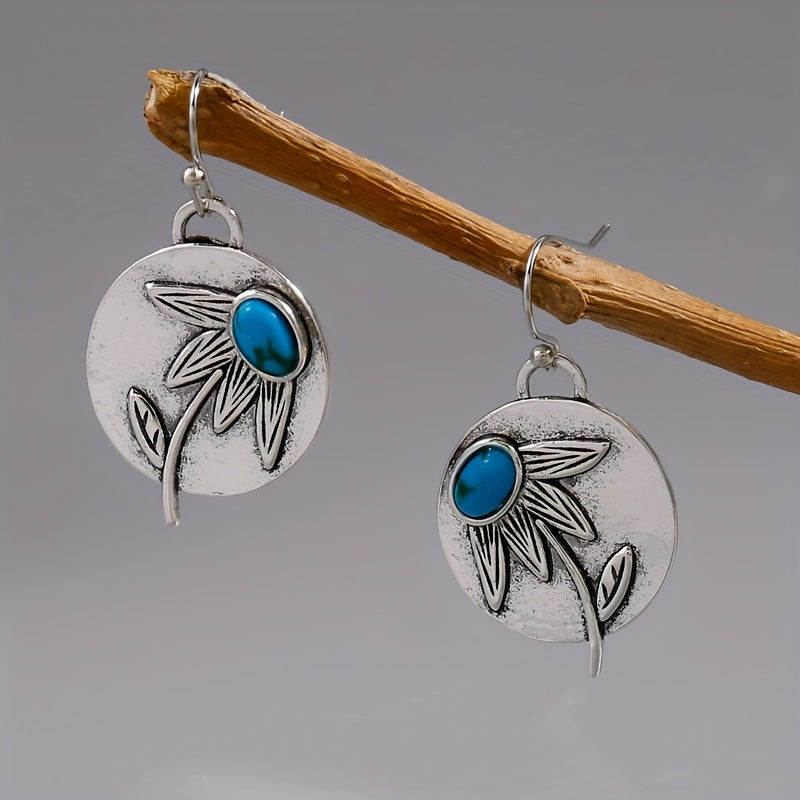 Vintage Disc Turquoise Drop Earrings 925 Silver Plated Ethnic Style Ear Jewelry