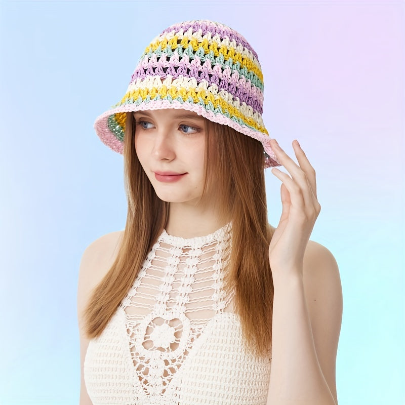 Rainbow Striped Crochet Bucket Hat Hollow Out Straw Sun Hat