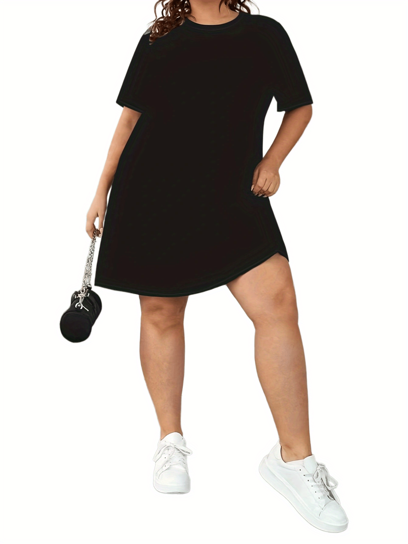  Solid Round Neck Short Sleeve Tee Dress