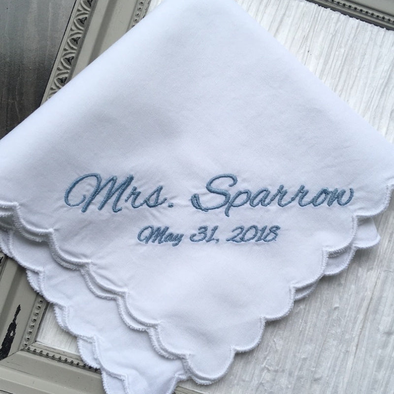 Mrs Sparrow Handkerchief with Date Wedding & Shower Gift for Bride