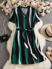  Women's Stripe Print Notched Neck Cap Sleeve Mini Dress