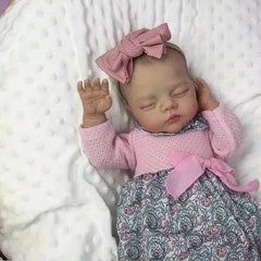 Beige Asleep Reborn Baby Doll, Pink Flower Dress, Headband Set