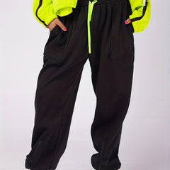 Solid Elastic Drawstring Tapered Leg Pants With Pockets