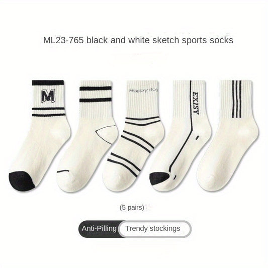 5 Pairs Kids Striped Crew Socks for Spring & Autumn