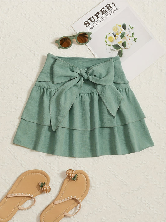 Girls Lace up Layered Casual Skirt Elastic Waist Cake Skirt