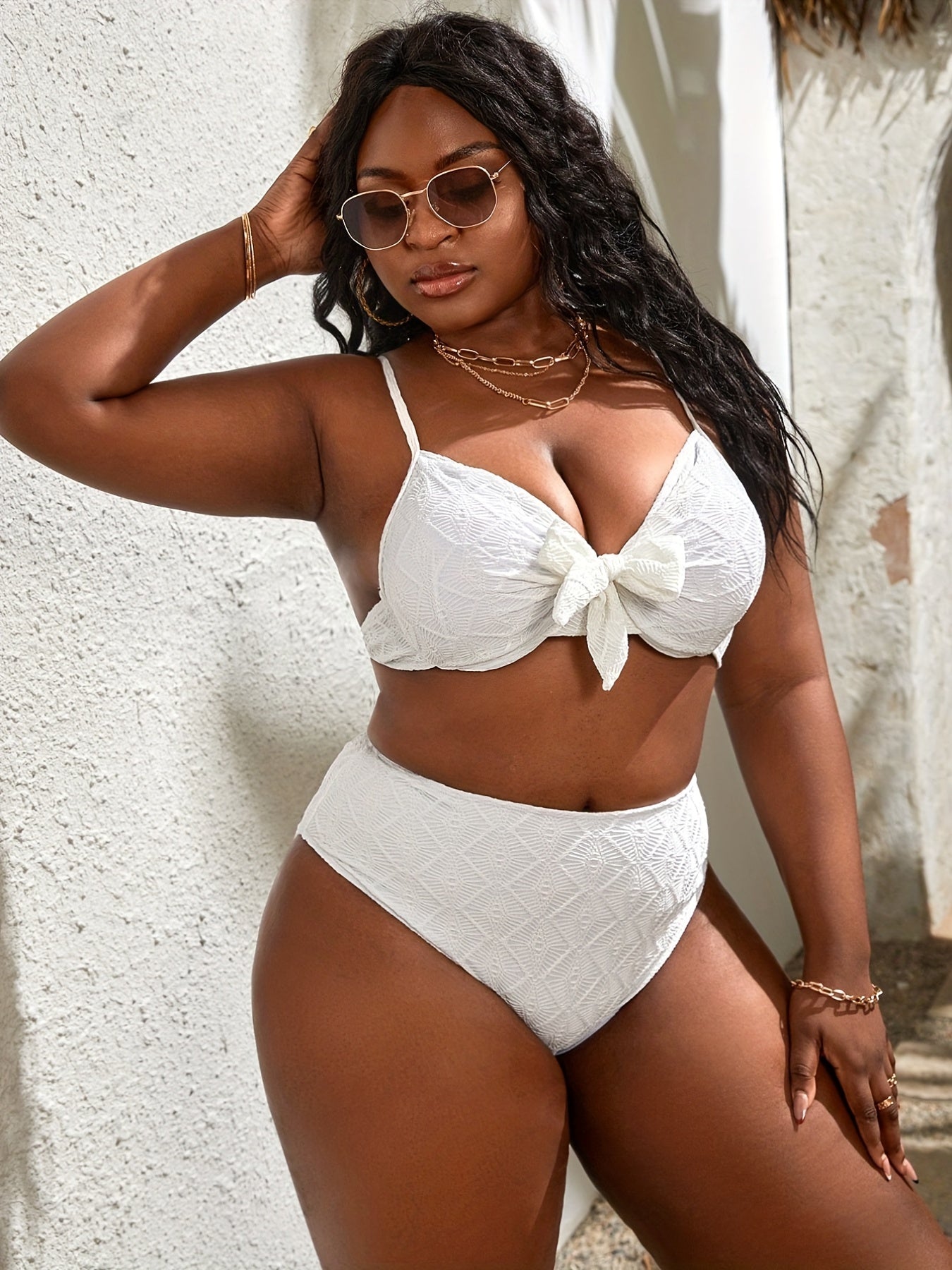  Sexy Bikini Set Solid Textured Bow Front Padded Bra & Panty Swimsuit