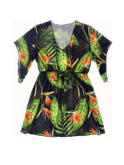 Tropical Print Bell Sleeve V Neck Cover Up