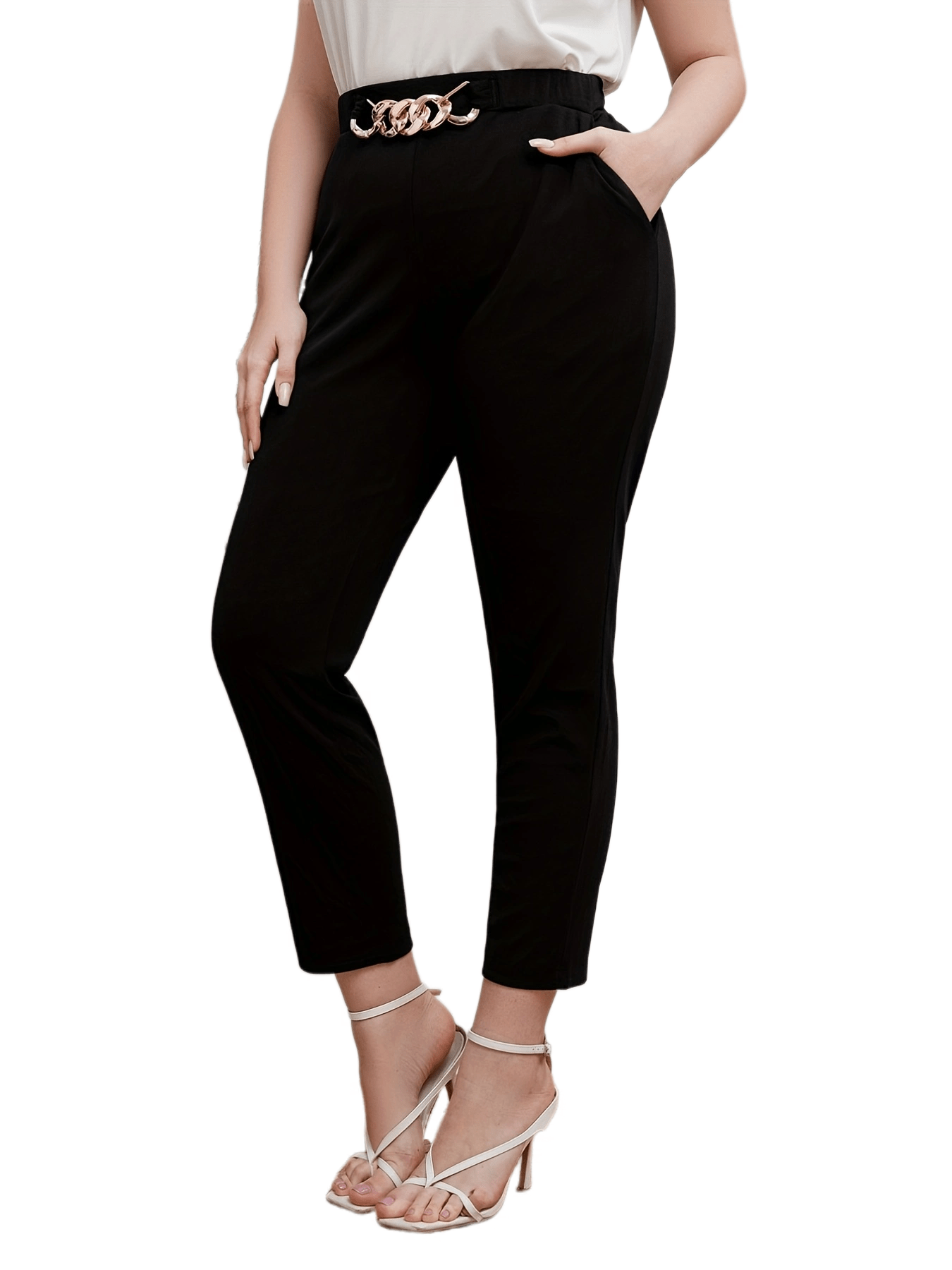  Solid Chain Decor Elastic High Rise Straight Leg Crop Trousers