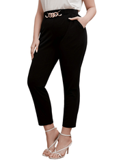  Solid Chain Decor Elastic High Rise Straight Leg Crop Trousers