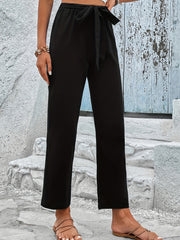  Elastic High Rise Straight Leg Trousers With Belt