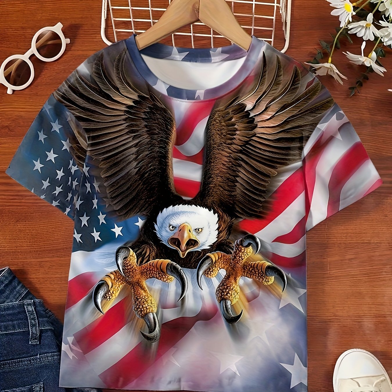 3D American Flag & Eagle Print T-shirt Kids Summer Clothes Gift Sports