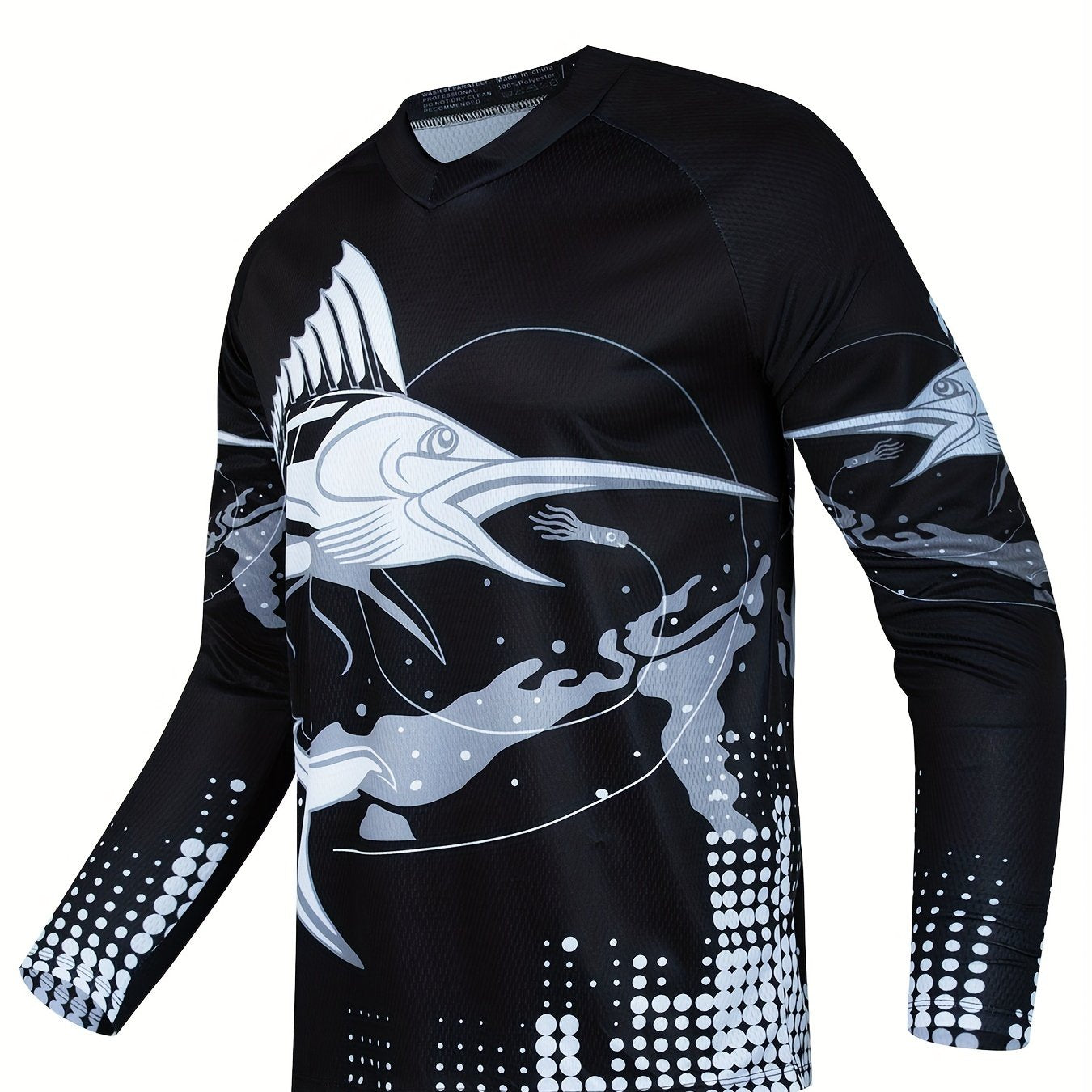 Fish Pattern Men's Quick-drying Stretch Long Sleeve V-neck T-shirt