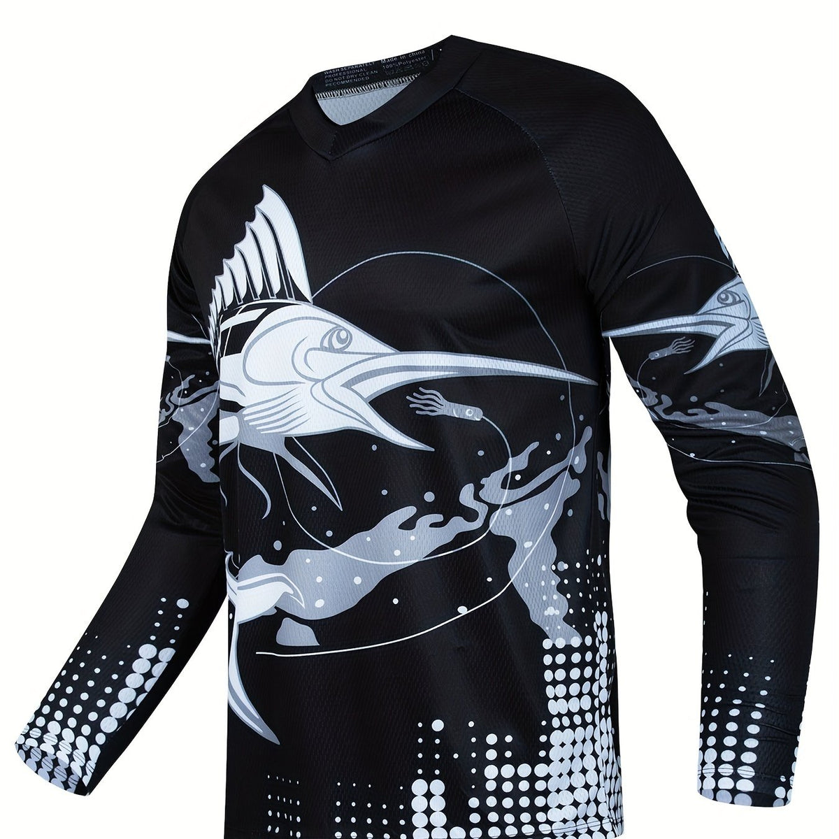 Fish Pattern Men's Quick-drying Stretch Long Sleeve V-neck T-shirt