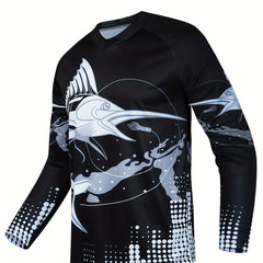 Fish Pattern Men's Quick-drying Stretch Long Sleeve V-neck T-shirt