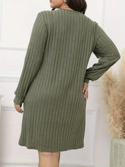  Ribbed V-Neck Long Sleeve Dress