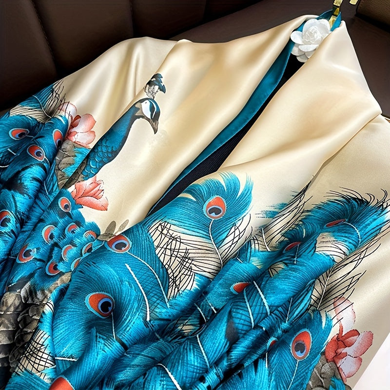Peacock Print Large Scarf Block Satin Shawl Silk Windproof