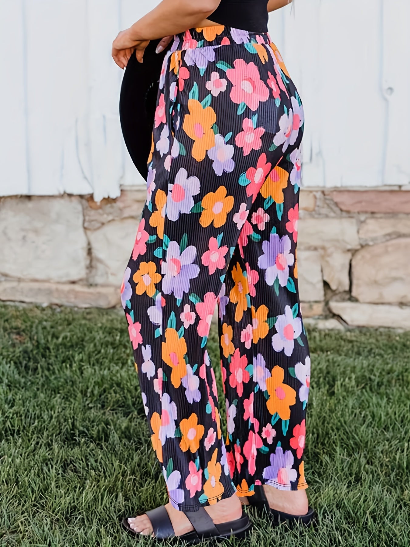 Women's Plus Floral Ribbed Wide Leg Pants
