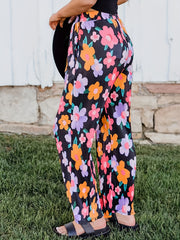 Women's Plus Floral Ribbed Wide Leg Pants