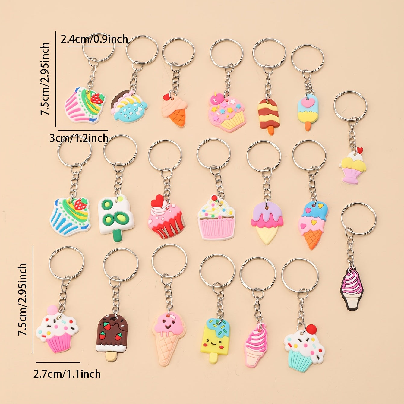 20pcs Cartoon Ice Cream Keychain PVC Key Ring Purse Bag Backpack Car Charm