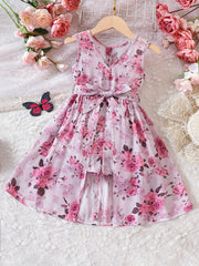 Girls V neck Flowers Graphic Belted Skirt Rompers
