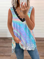  Casual Tank Top Women's Plus Painting Print Contrast Lace Trim V Neck