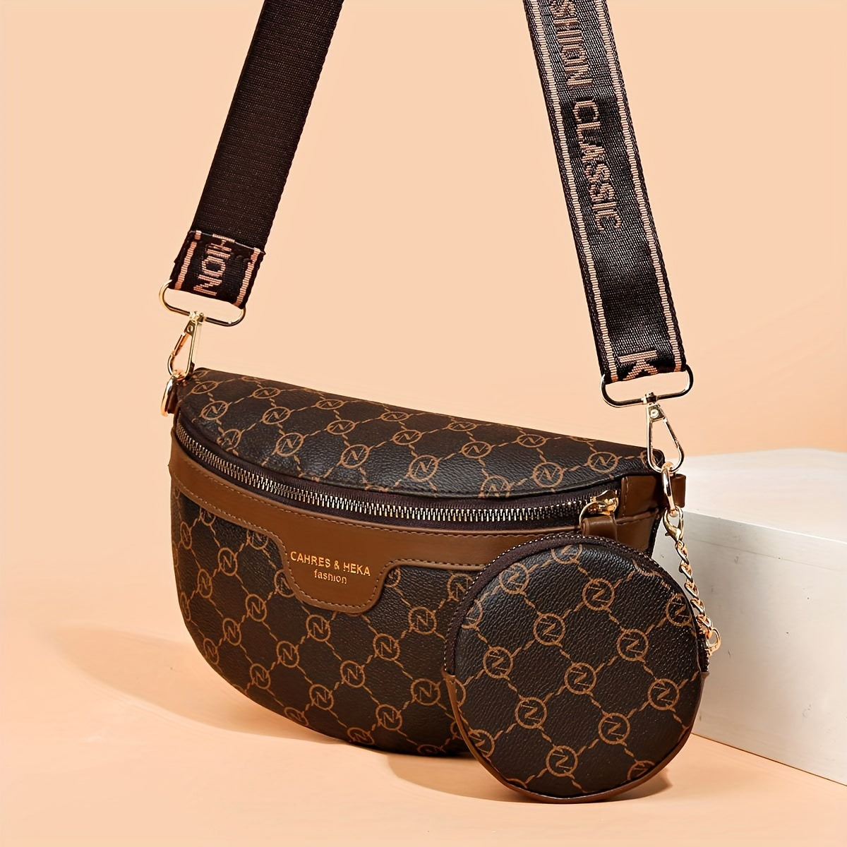 Classic Retro Pattern Crescent Shoulder Bag With Mini Round Purse