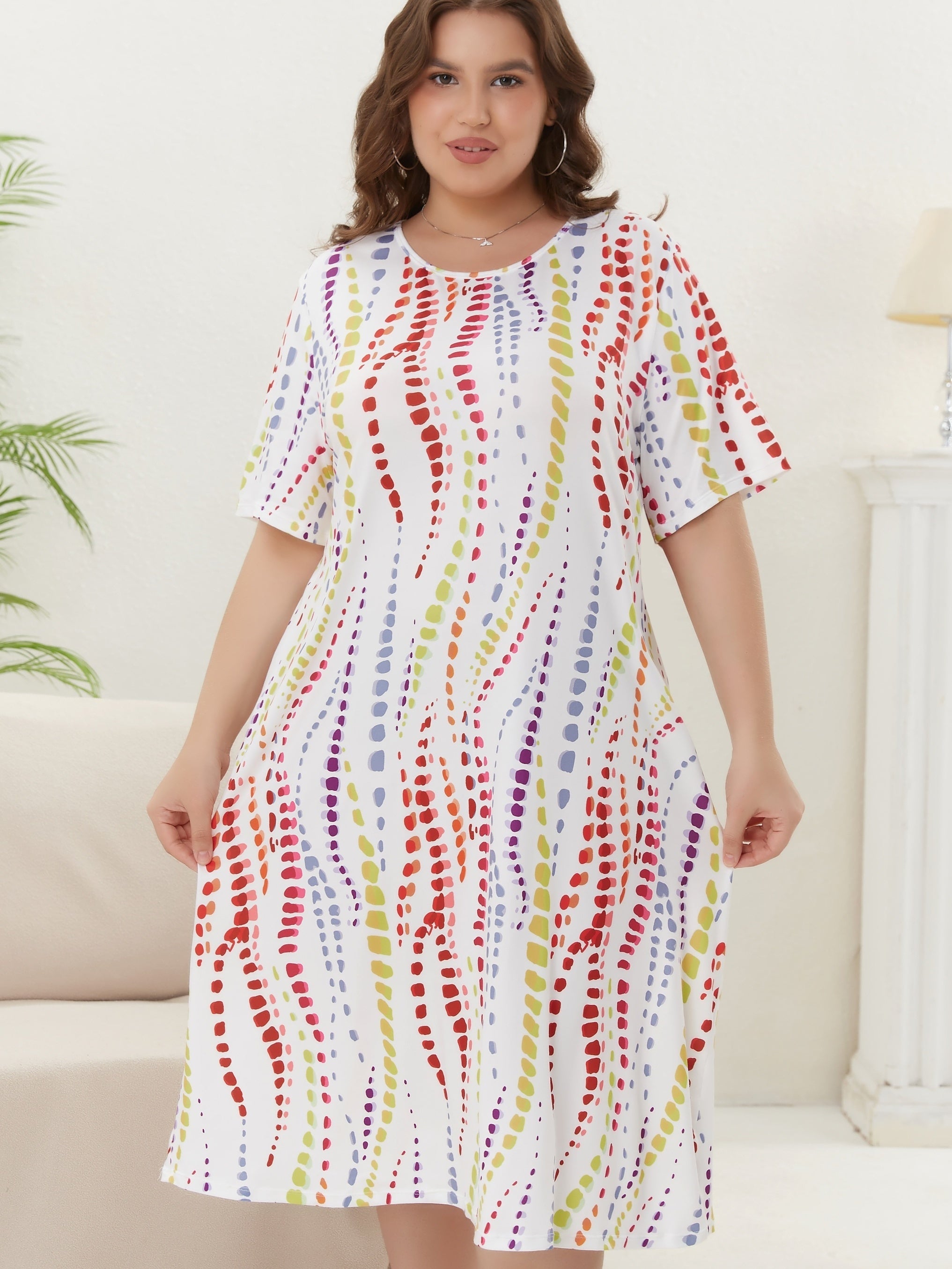  Tie Dye Striped Short Sleeve Nightdress High Stretch Tee Sleep Dress