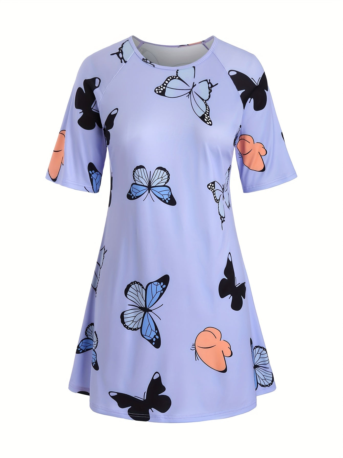  Butterfly Print Nightdress Short Sleeve Round Neck