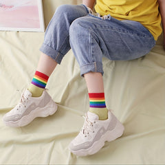 10 Pairs Rainbow Stripe Print Socks Women's Mid Tube Stockings
