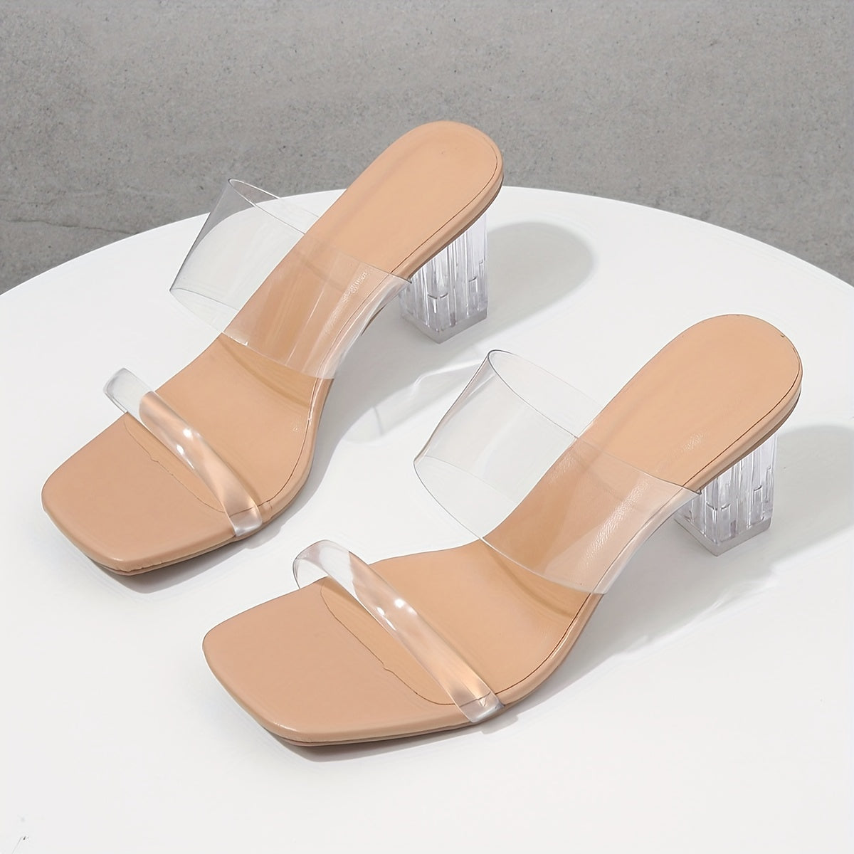 Crystal Block Heeled Sandals Transparent Strap Slip On Heels