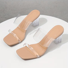 Crystal Block Heeled Sandals Transparent Strap Slip On Heels