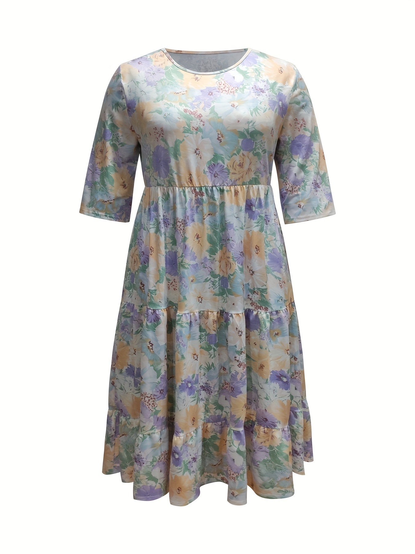 Floral Print Short Sleeve Round Neck Smock Dress With Pockets