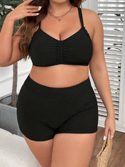  Bikini Set Ruched Padded Bra & High Waisted Shorts Swimsuit