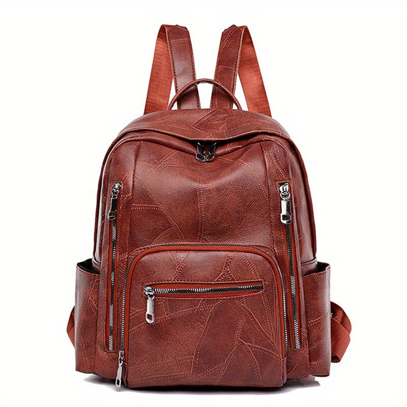 Embossed Backpack Zipper Large Capacity Knapsack Soft Faux Leather