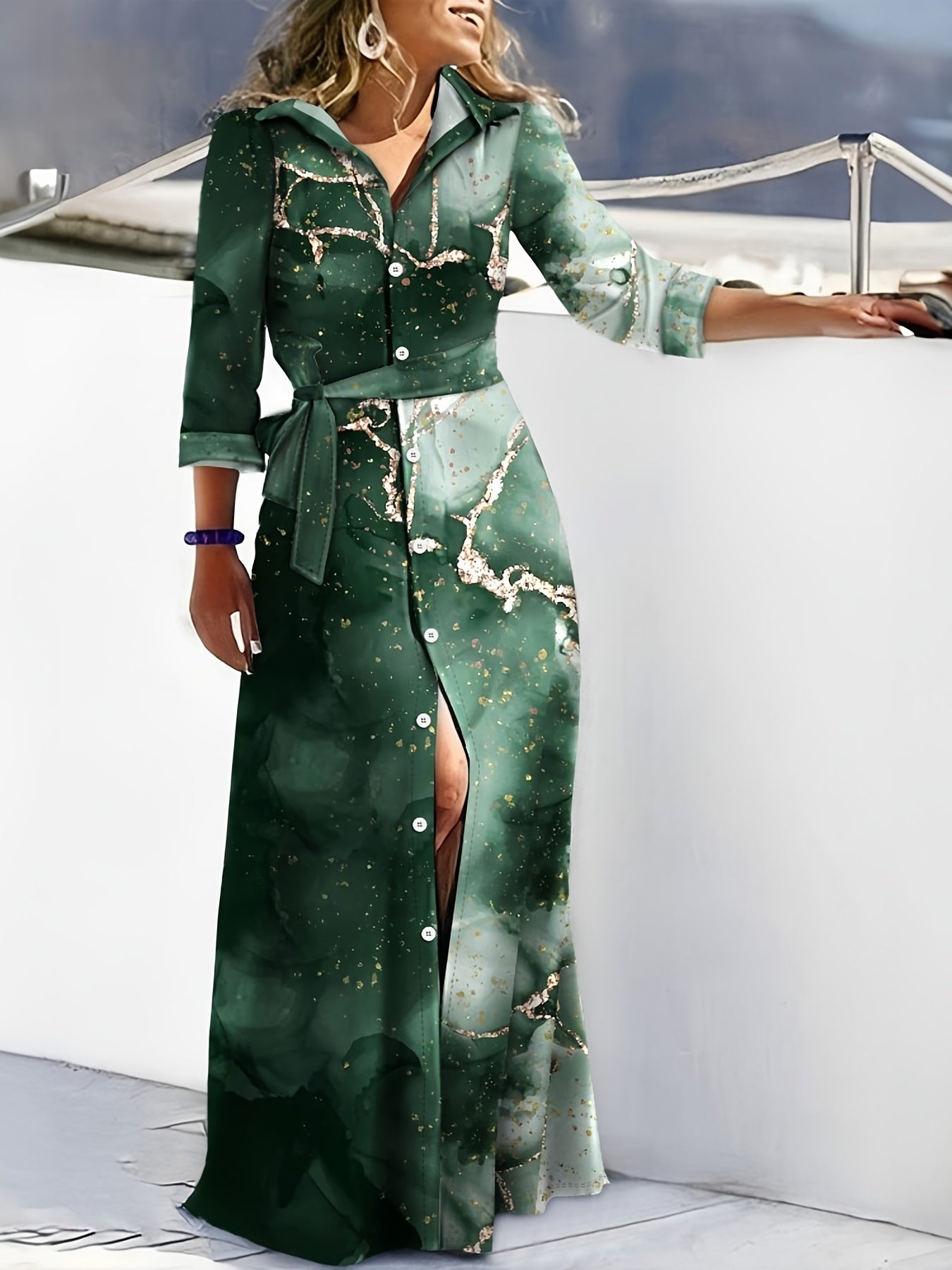  Geometric Print Long Sleeve Shirt Dress With Belt