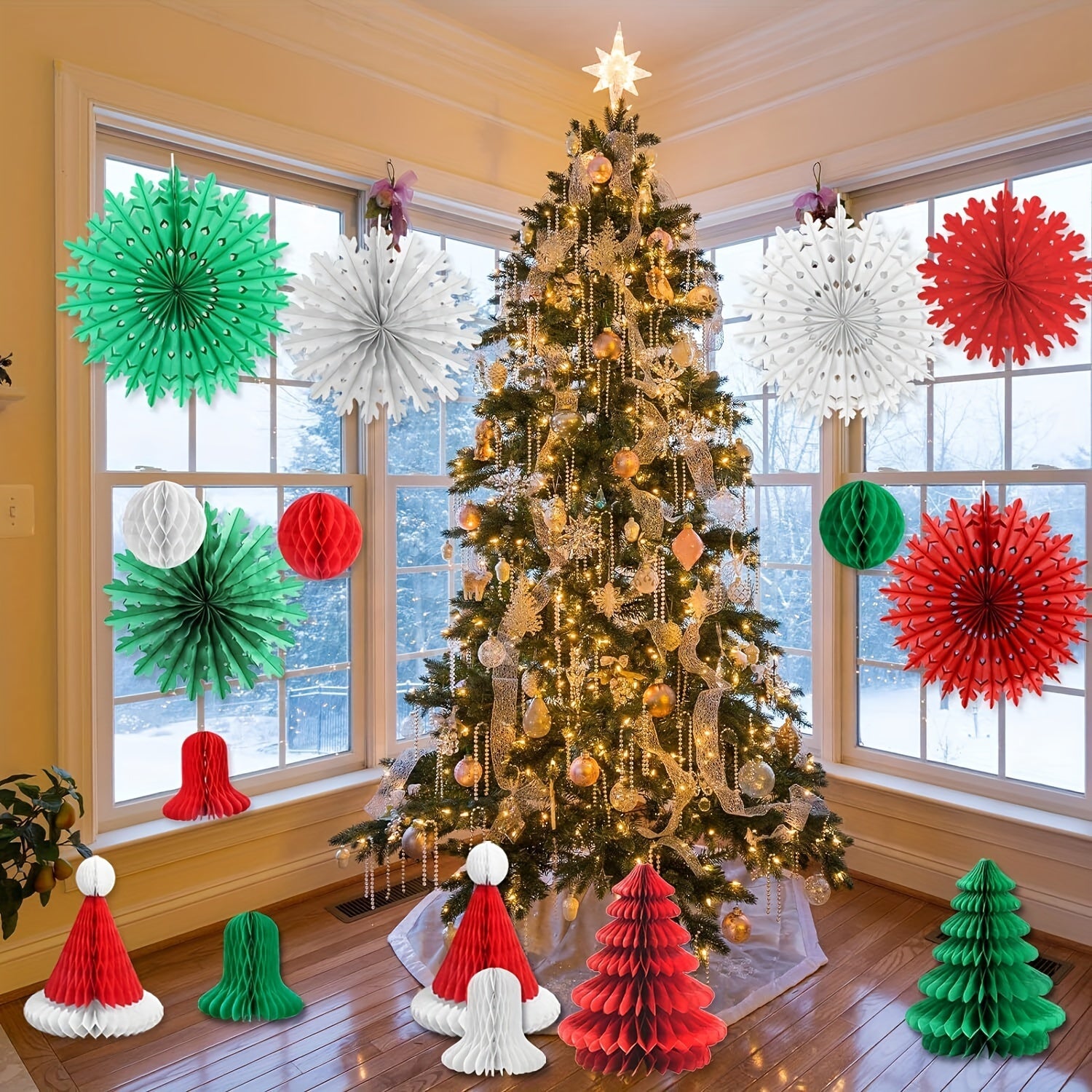 16pcs Assorted 3D Paper Honeycomb Christmas Decorations