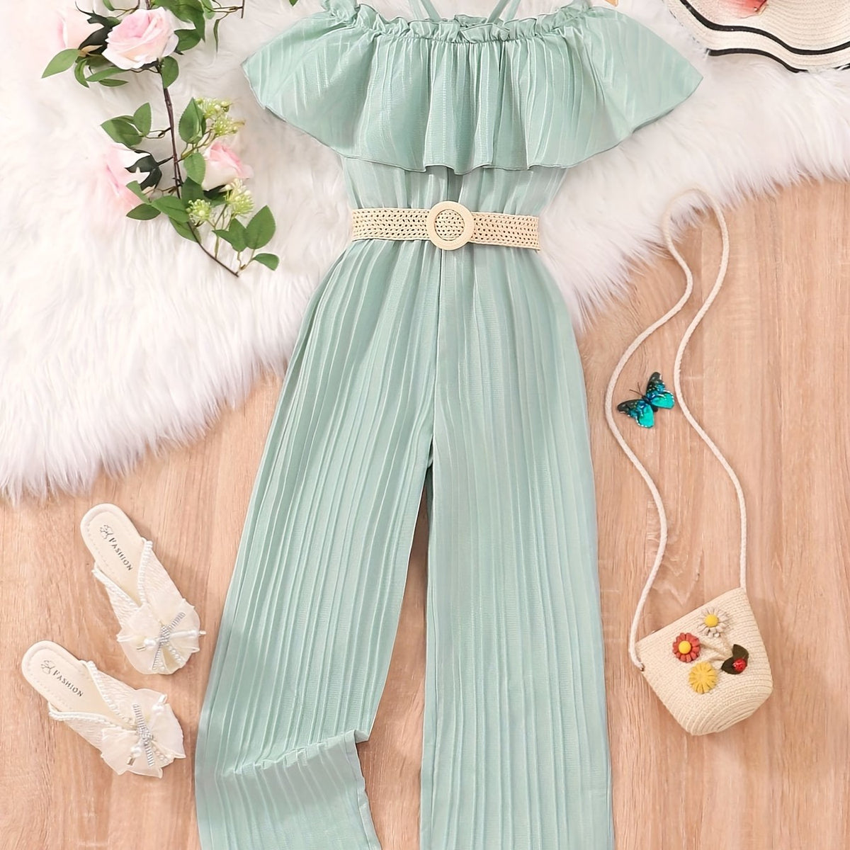 Girls' Ruffle Trim Cold Shoulder Jumpsuit with Belt