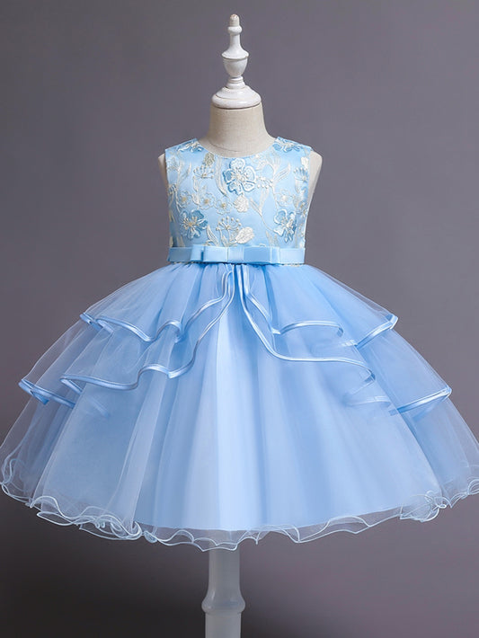 Girls Sleeveless Flower Embroidery Mesh Princess Dress