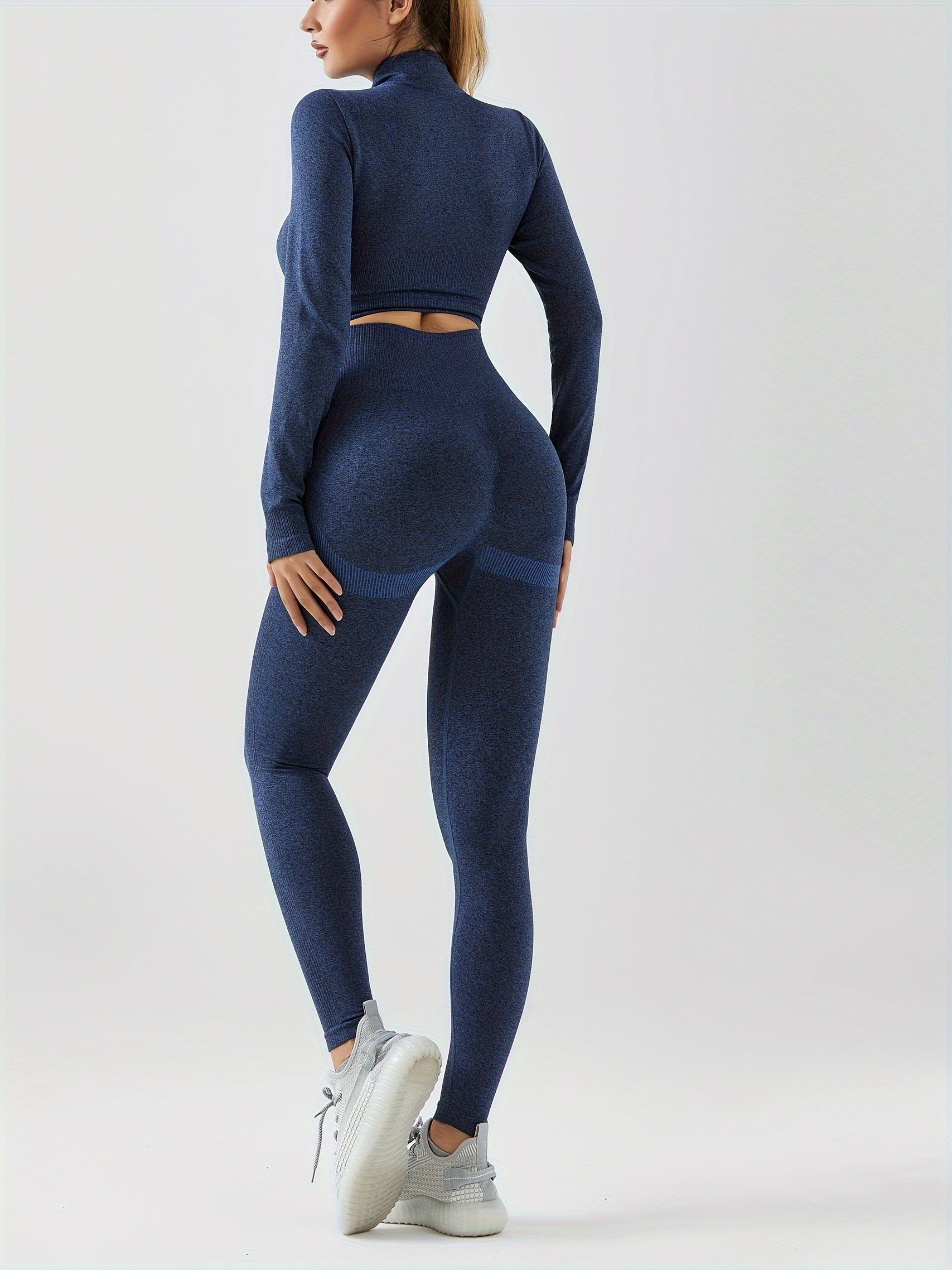 2pcs Workout Set Long Sleeve Top & High Waist Leggings Suit Women's Activewear