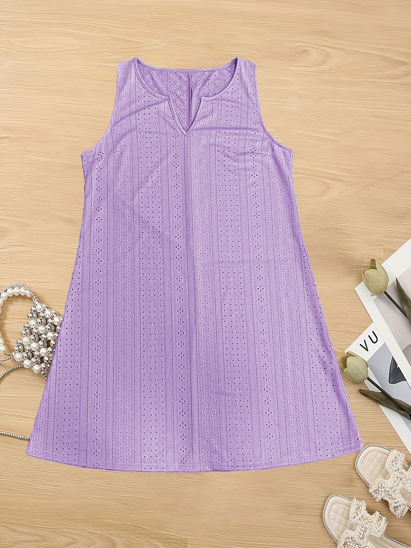  Solid Eyelet Embroidered Notched Neck Tank Dress