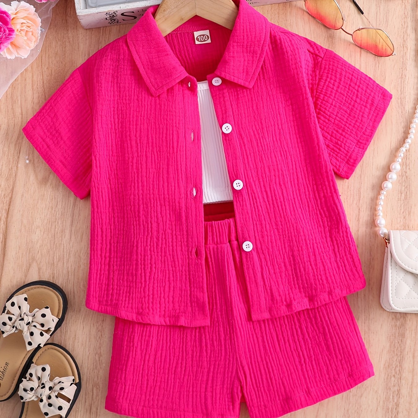 Kids Button Down Short Sleeve Jacket & Cropped Camisole & Shorts Girls Suit