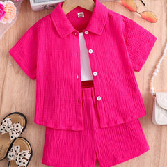 Kids Button Down Short Sleeve Jacket & Cropped Camisole & Shorts Girls Suit