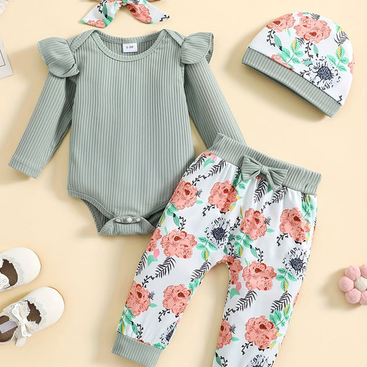 Baby Girls 4pcs Set Long Sleeved Romper Floral Print Trousers