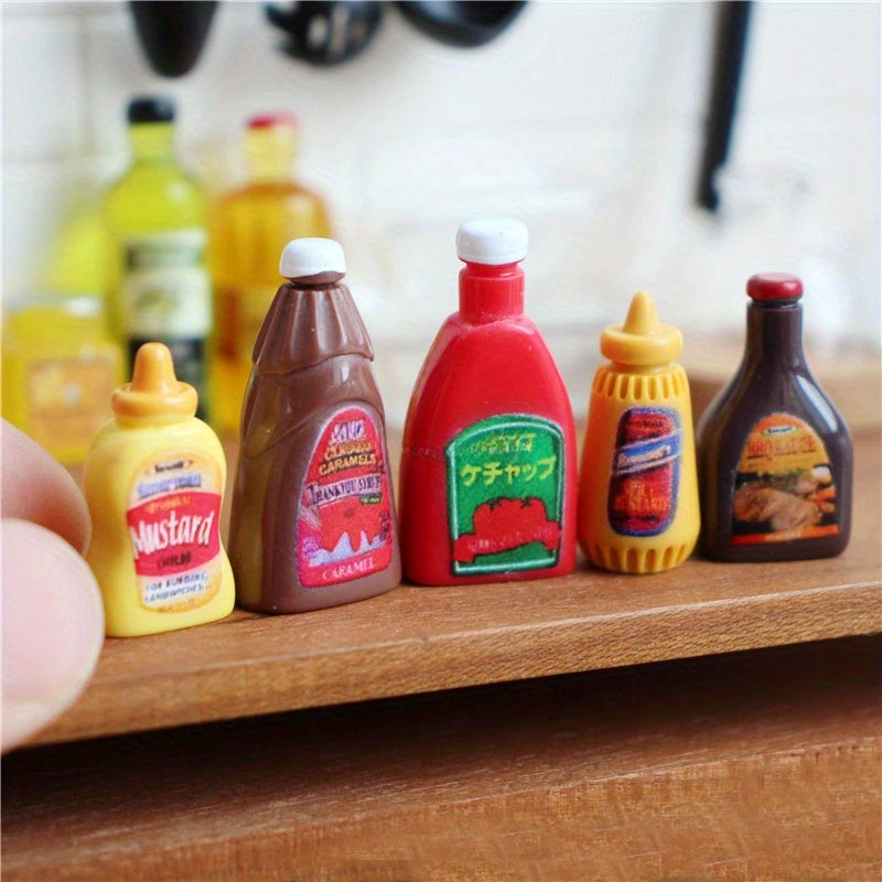 1:6 Dollhouse Sauce Bottles Set - Ketchup, Mustard, Mayonnaise, Soy Sauce, BBQ