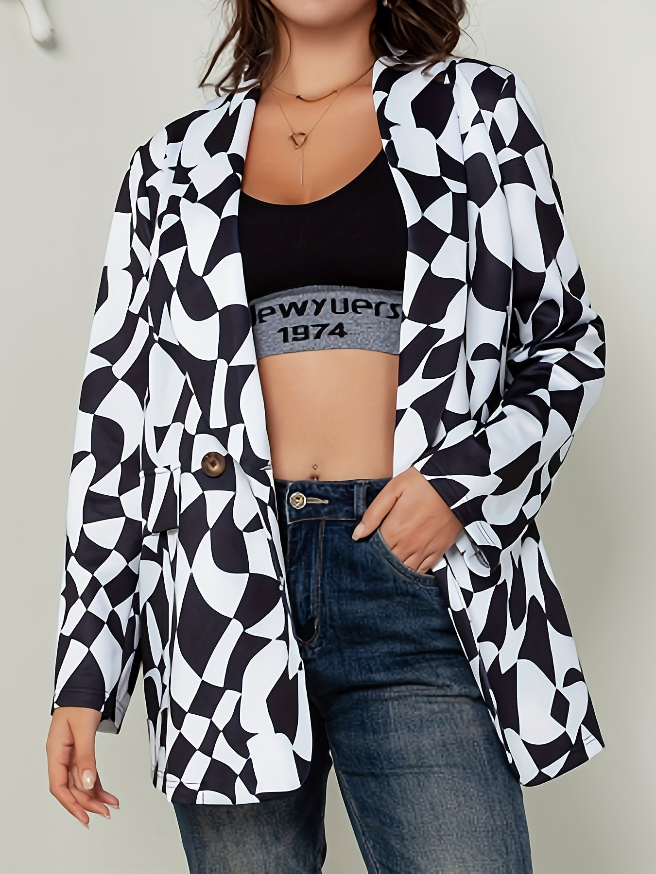  Geometric Print Double Breast Button Blazer