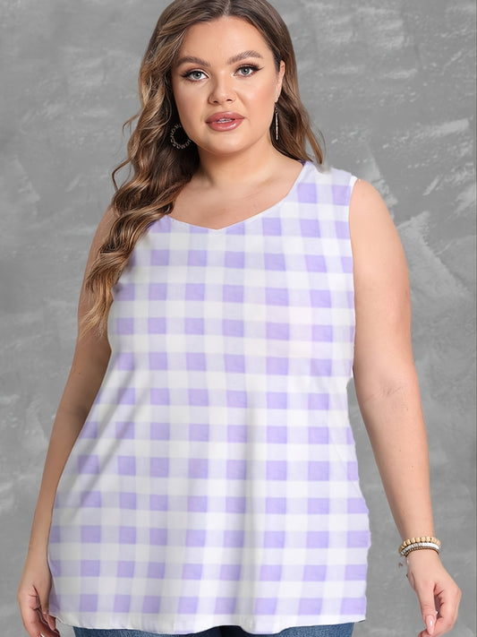 Plaid Print V Neck Tank Top Plus Size Medium Stretch Casual