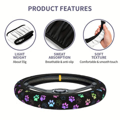 Colorful Paw Print Steering Wheel Cover Soft Anti Slip 38 1 Cm Durable Car Decor