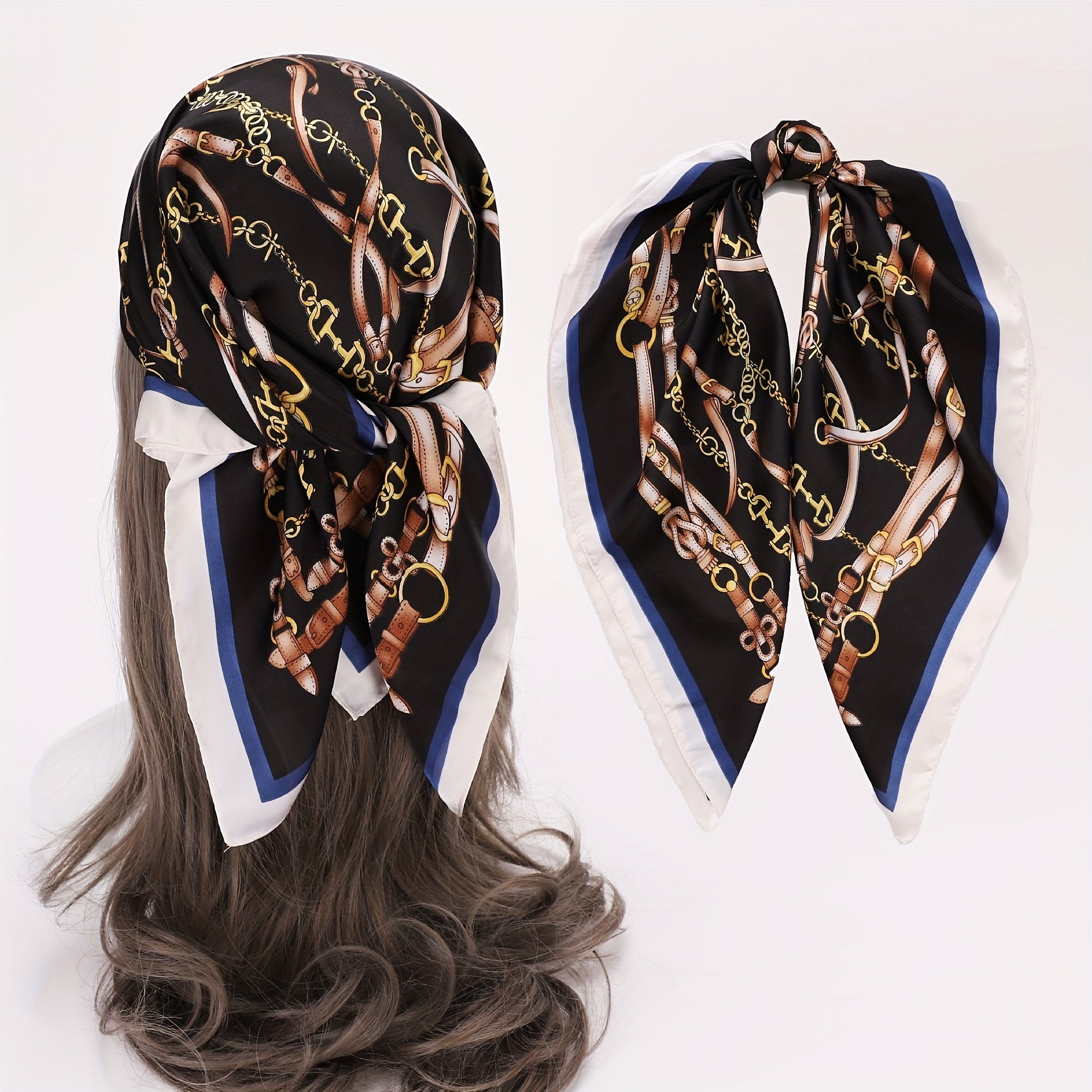 Vintage Chain Belt Print Bandana Bohemia Silk Headscarf